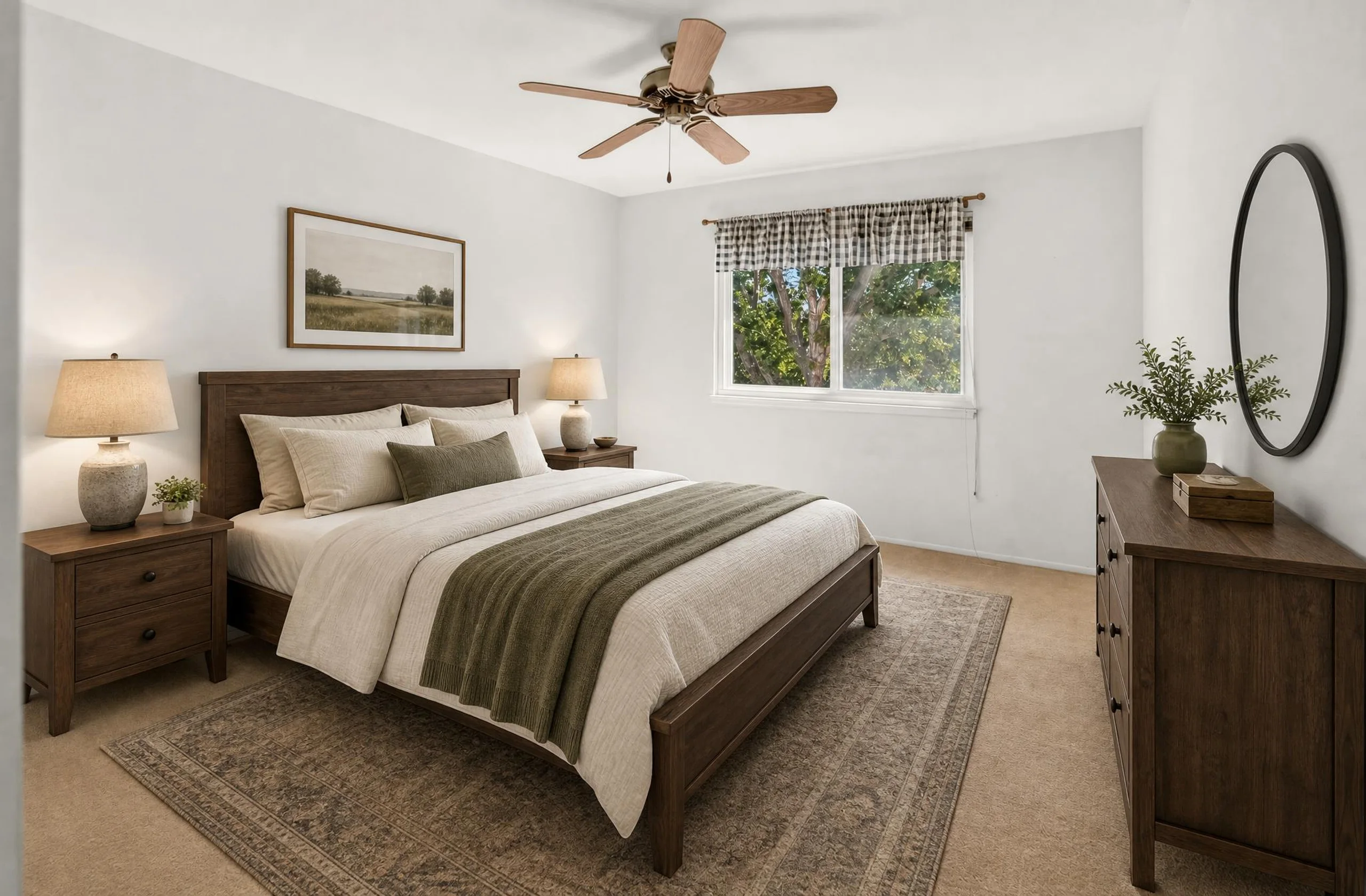 Bedroom, digitally staged with furniture and decor