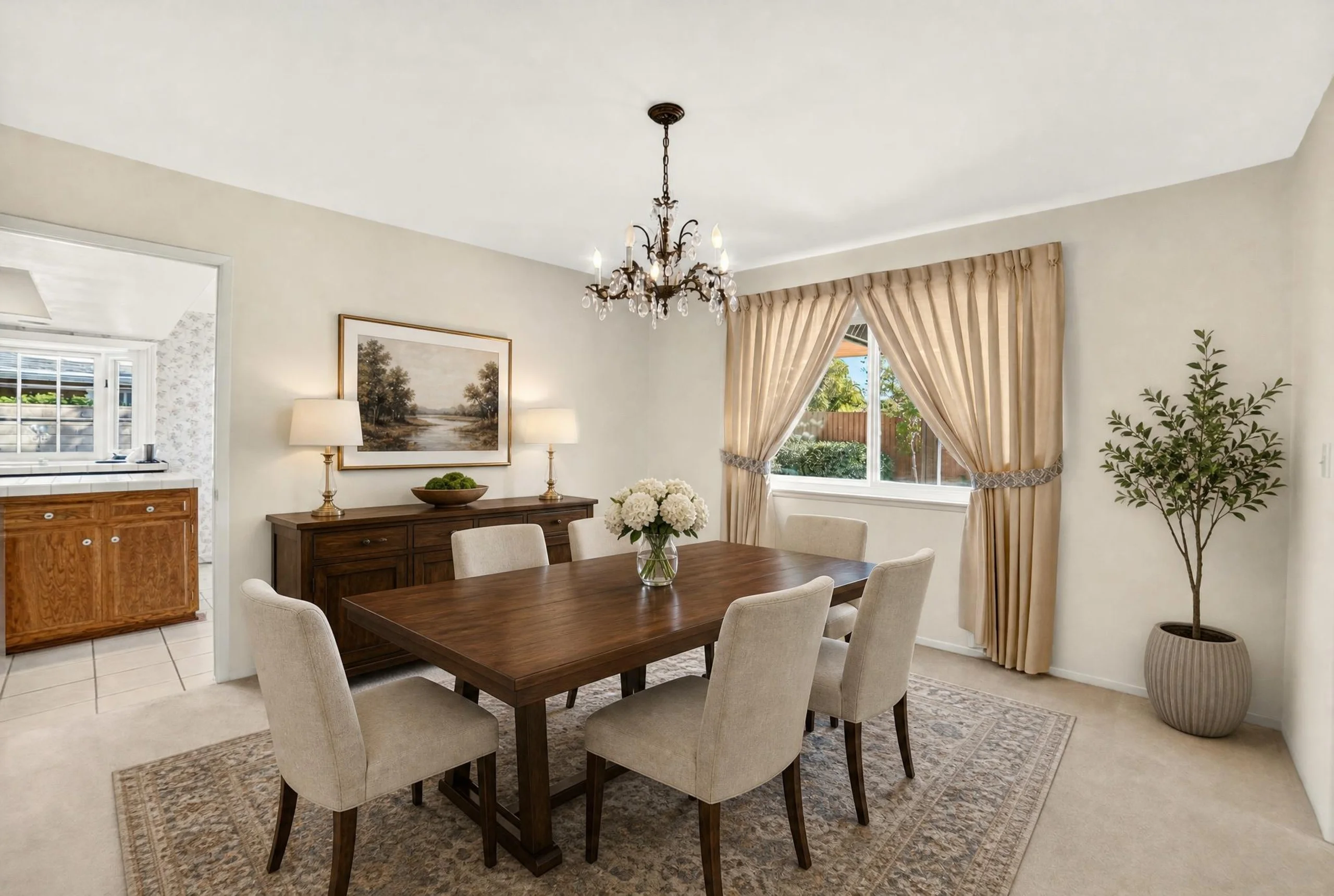 Dining room, digitally staged with furniture and decor