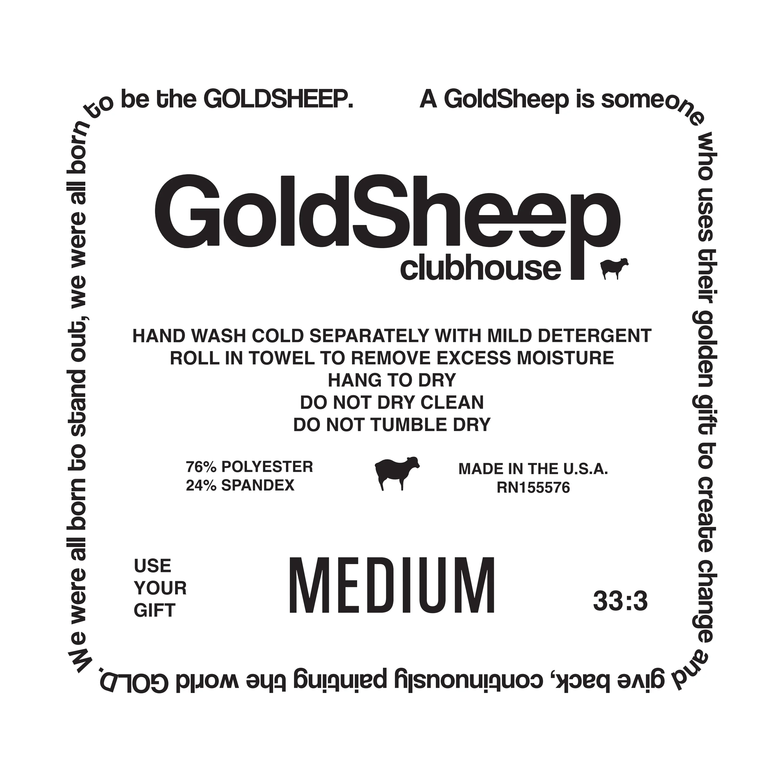Goldsheep Clubhouse neck label — care instructions with manifesto border