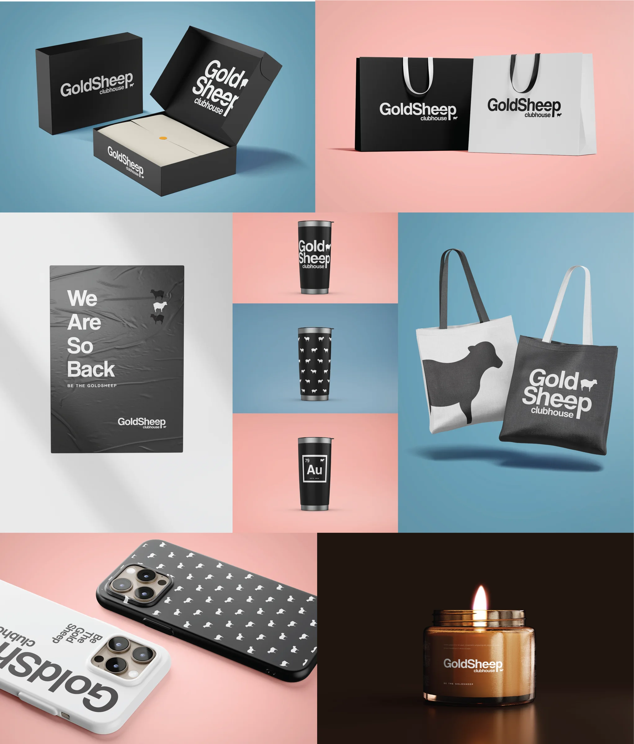 Goldsheep Clubhouse — packaging and merchandise mockups