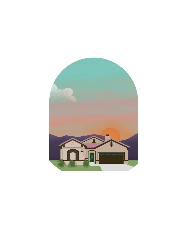 Illustrated house portrait — desert sunset vignette