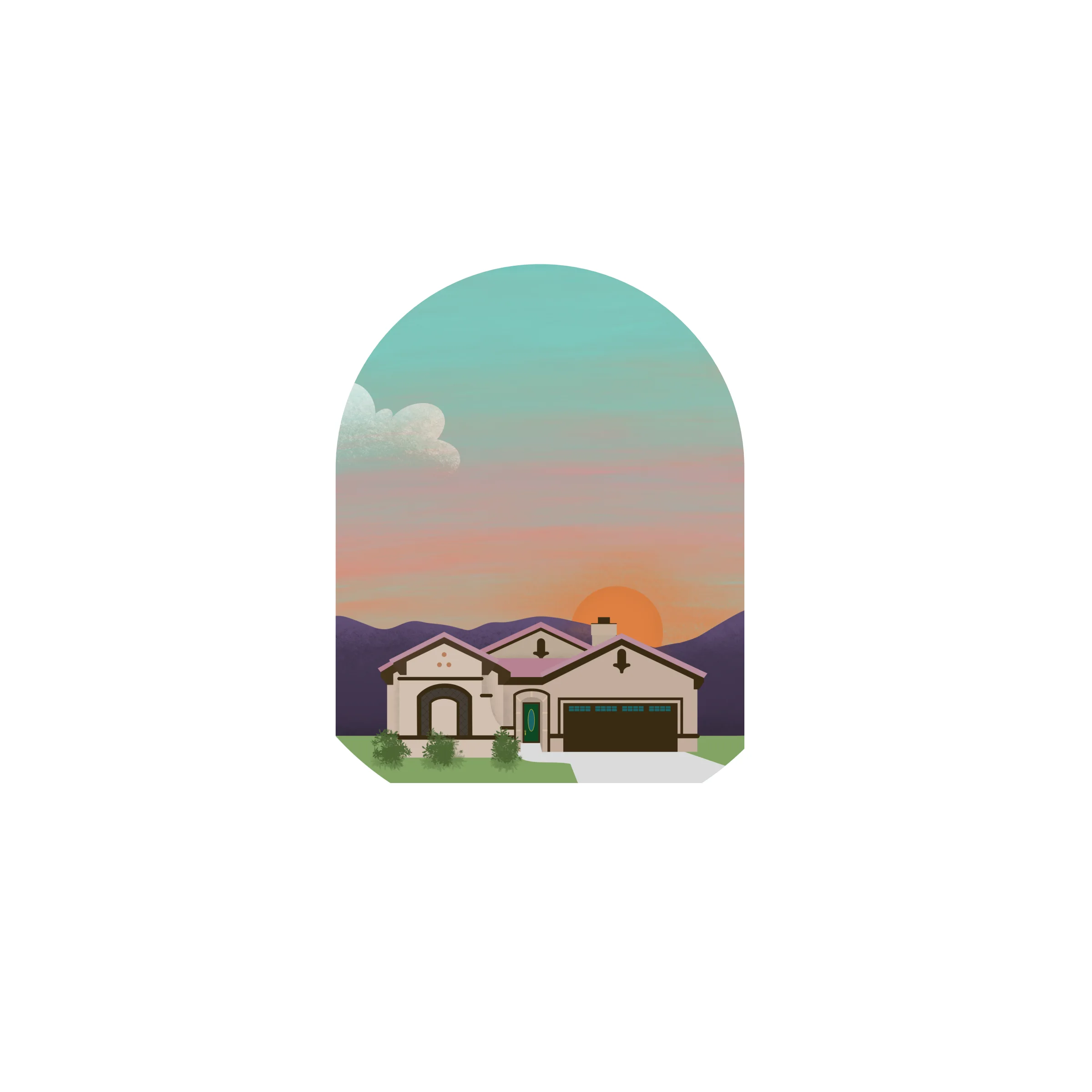 Illustrated portrait of a house in Indio under a desert sunset, in an arched vignette