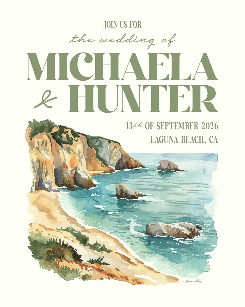 Watercolor wedding invitation suite — Laguna Beach coastline