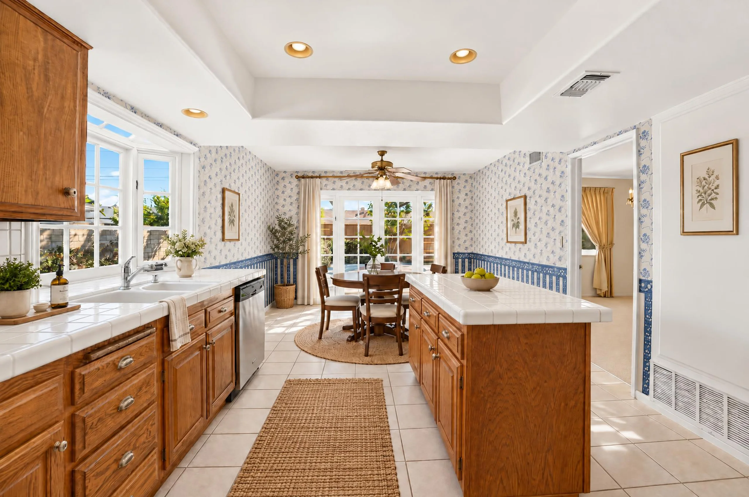 Kitchen, digitally staged with furniture and decor