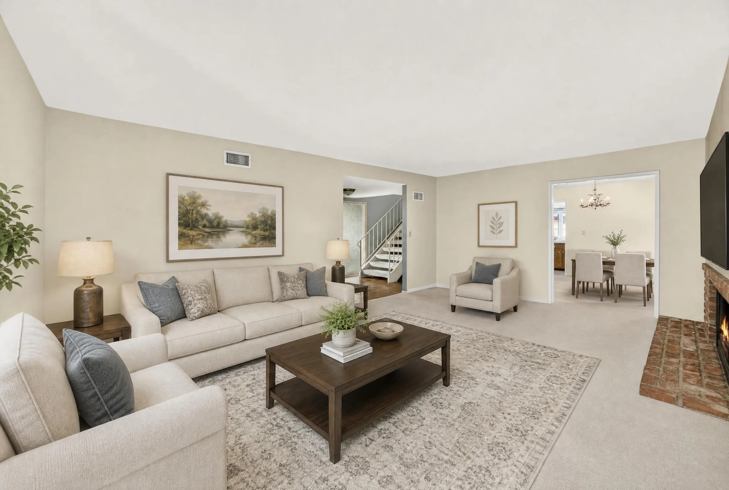 Living room, digitally staged with furniture and decor