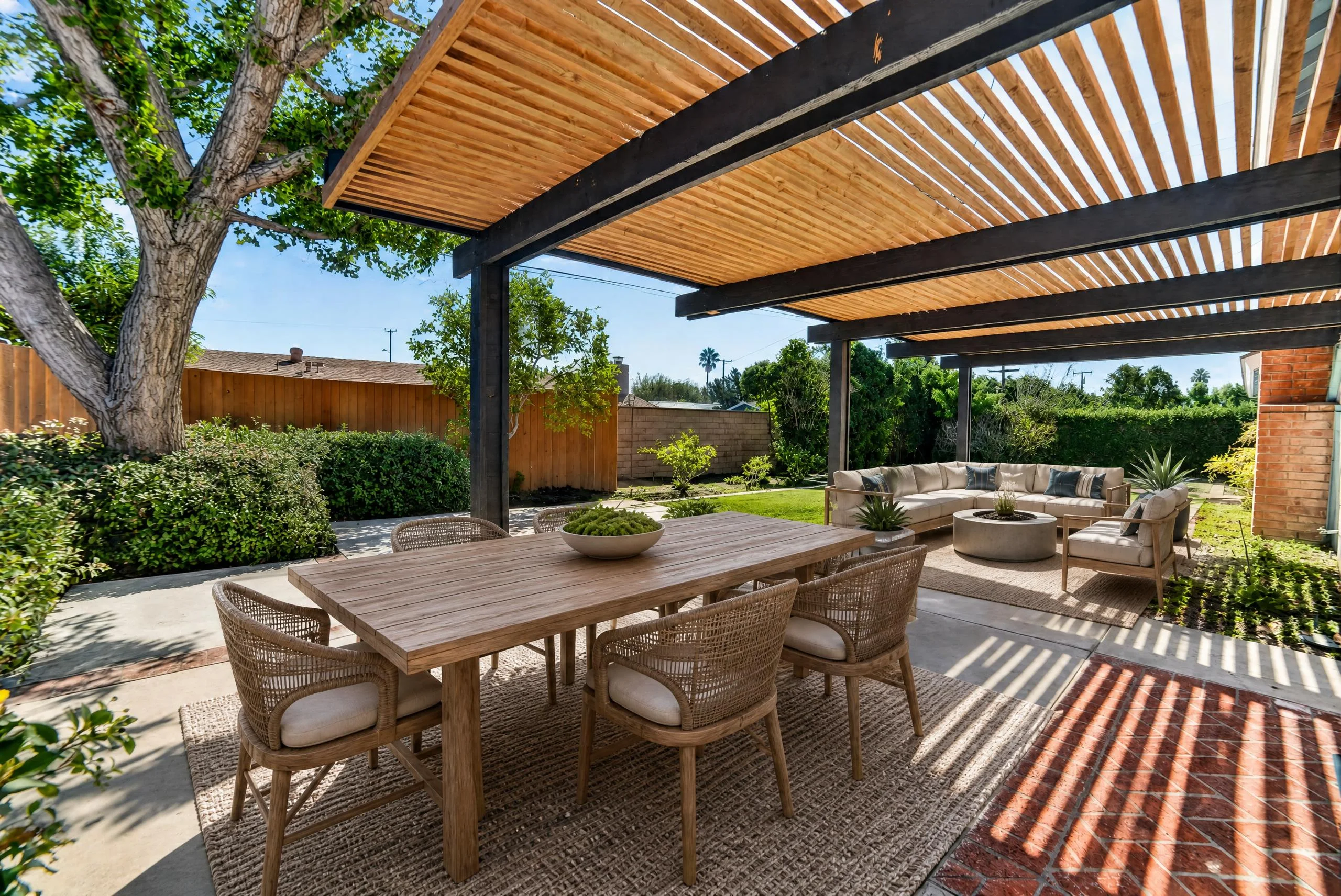 Patio, digitally staged with furniture and decor