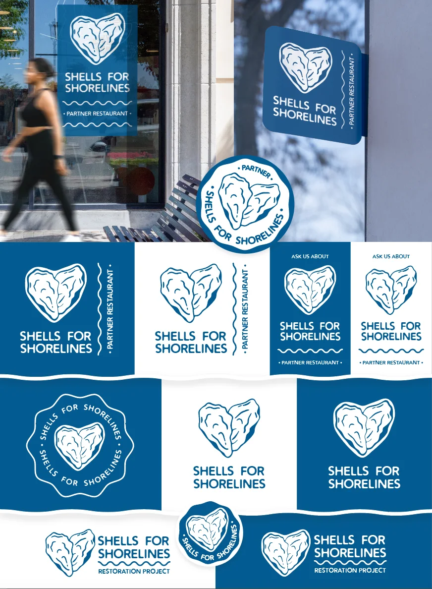 Shells for Shorelines — identity board with storefront mockups and lockups